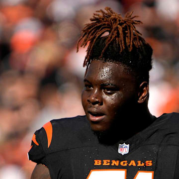 Cincinnati Bengals offensive tackle Amarius Mims (71) during a timeout Paycor Stadium Sunday, November 3, 2024.