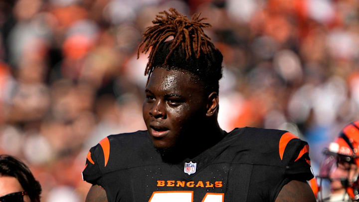 Cincinnati Bengals offensive tackle Amarius Mims (71) during a timeout Paycor Stadium Sunday, November 3, 2024.