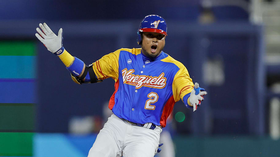 Venezuela first baseman Luis Arraez (2) reacts after hitting a double in 2023 World Baseball Classic