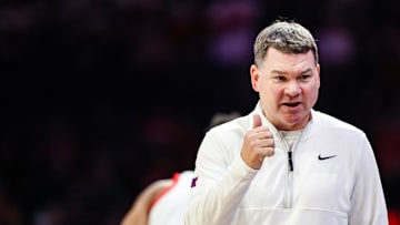 Nov 29, 2025; Tucson, Arizona, USA; Arizona Wildcats head coach Tommy Lloyd calls for a player off the bench during the first half against the Norfolk State Spartans at McKale Memorial Center. Mandatory Credit: Aryanna Frank-Imagn Images