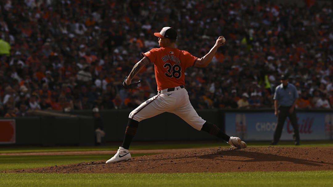 Jun 1, 2024; Baltimore, Maryland, USA; Baltimore Orioles pitcher Kyle Bradish (38) throws a third inning pitch against the Tampa Bay Rays at Oriole Park at Camden Yards. Jun 1, 2024; Baltimore, Maryland, USA; Baltimore Orioles pitcher Kyle Bradish (38) throws a third inning pitch against the Tampa Bay Rays at Oriole Park at Camden Yards.