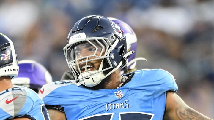 Tennessee Titans defensive tackle Jeffery Simmons celebrates the tackle for loss against the Minnesota Vikings. Tennessee Titans defensive tackle Jeffery Simmons celebrates the tackle for loss against the Minnesota Vikings.