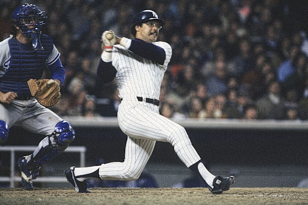 Reggie Jackson of the New York Yankees bats during the 1977 World Series against the Los Angeles Dodgers