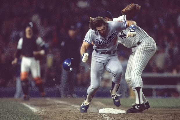 Steve Yeager in a play at first base in the 1981 World Series.