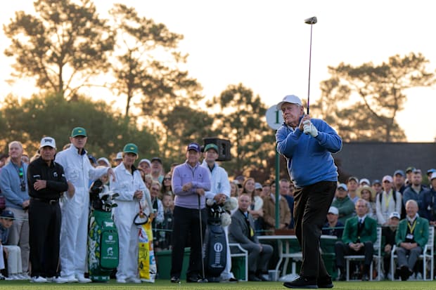 Jack Nicklaus hits his ceremonial tee shot on the first hole at Augusta National.