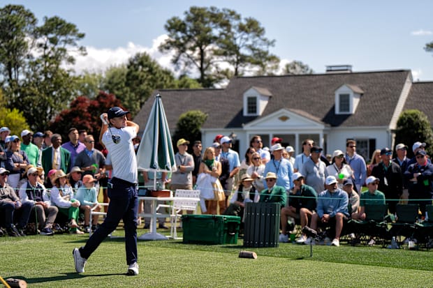 Justin Rose tees off at the 10th hole of Augusta National Golf Club.