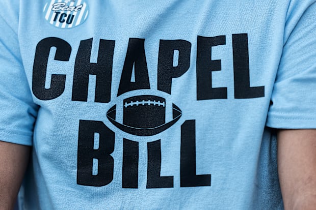 A custom t-shirt with the logos “Beat TCU” and “Chapel Bill.”