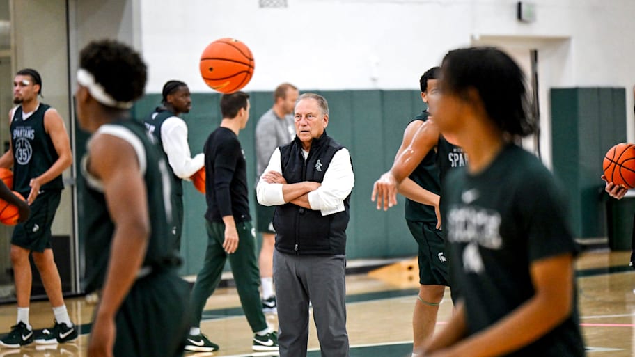 Michigan State coach Tom Izzo watches during the first day of basketball practice.