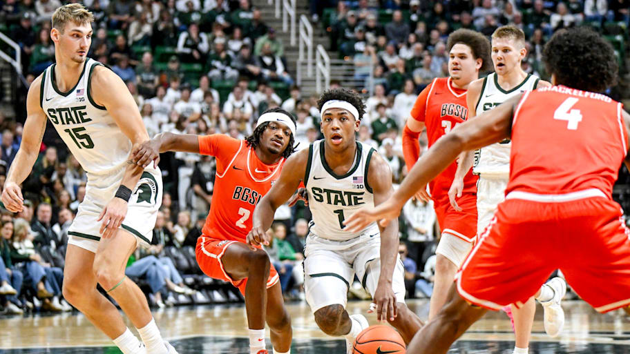 Michigan State guard Jeremy Fears Jr. moves the ball.