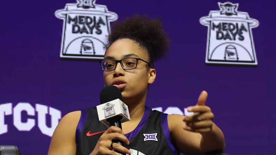 TCU's Olivia Miles speaks to media during Big 12 Women's Basketball Media Day