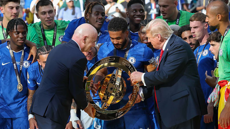 Gianni Infantino (left), Donald Trump (right) and Chelsea captain Reece James (centre).