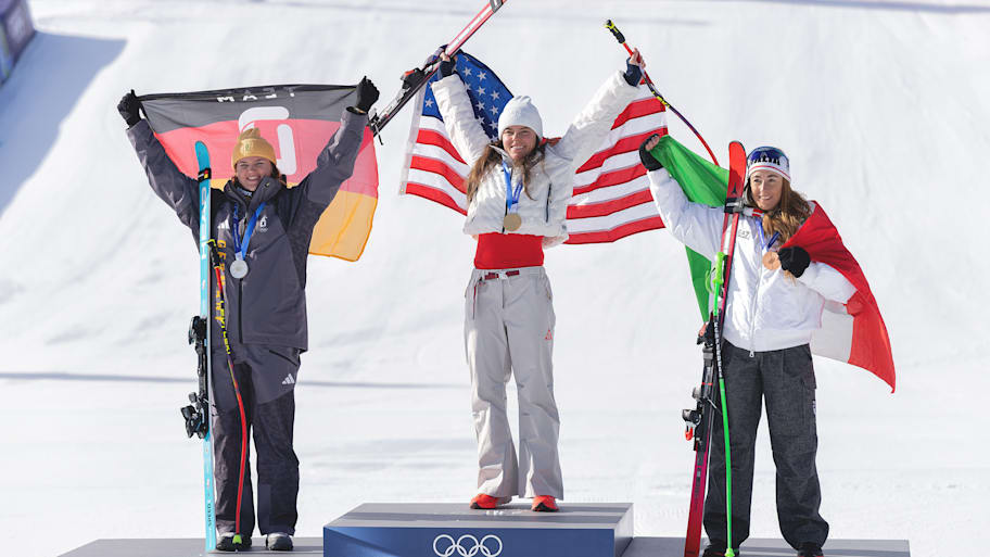 Breezy Johnson and the medalists in the women’s downhill