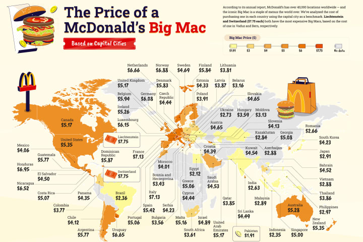 A map displaying the cost of a McDonald's Big Mac around the world is pictured