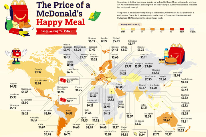 A map displaying the cost of a McDonald's Happy Meal around the world is pictured