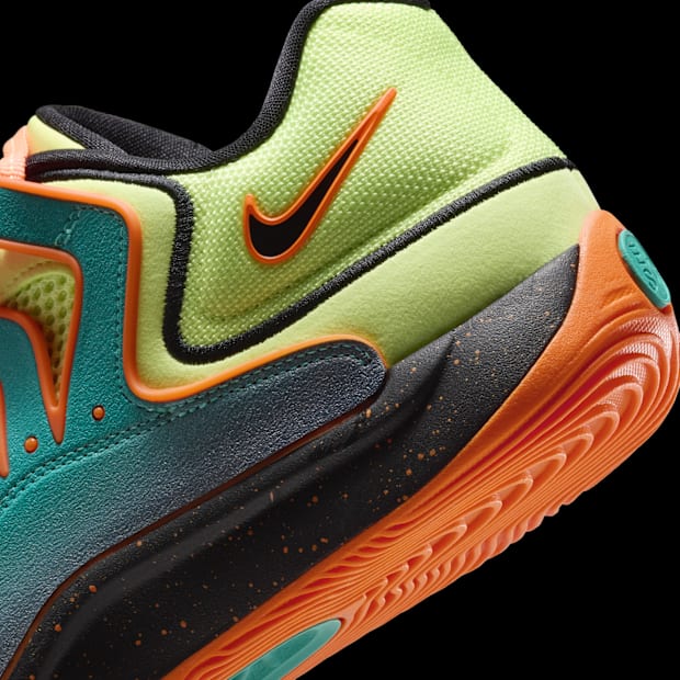 Kevin Durant's green and orange Nike sneakers.