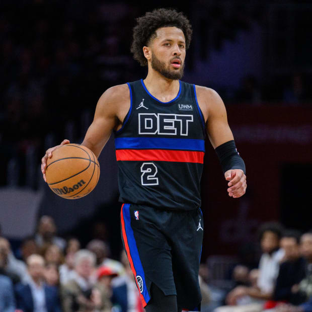 Detroit Pistons guard Cade Cunningham (2) brings the ball up court against the Washington Wizards during last season.