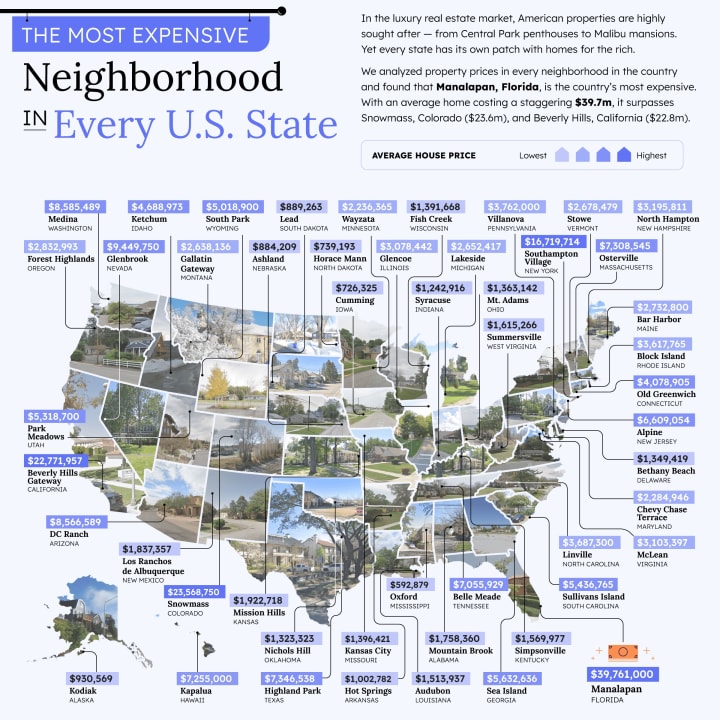 A map of the most expensive neighborhoods in the United States is pictured