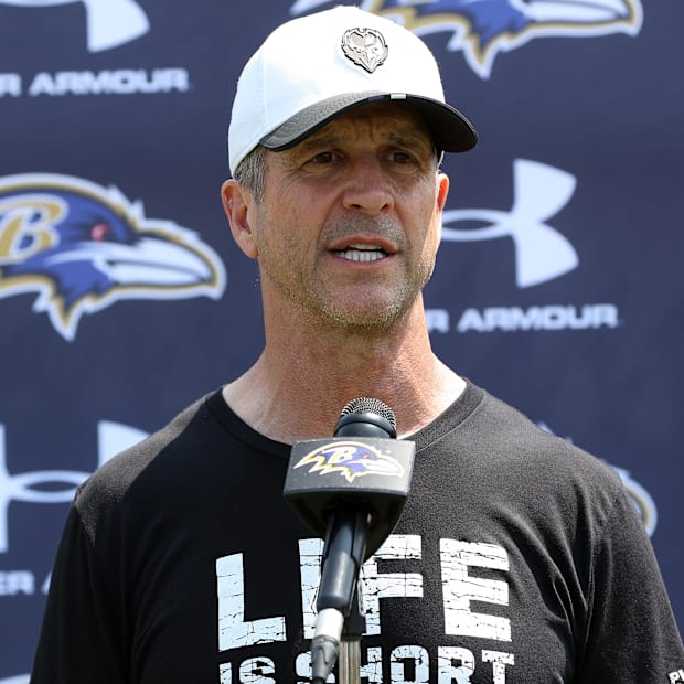 John Harbaugh at a press conference.