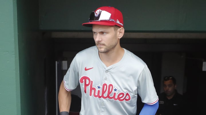 Jul 21, 2024; Pittsburgh, Pennsylvania, USA;  Philadelphia Phillies shortstop Trea Turner (7) enters the dugout to play the Pittsburgh Pirates at PNC Park