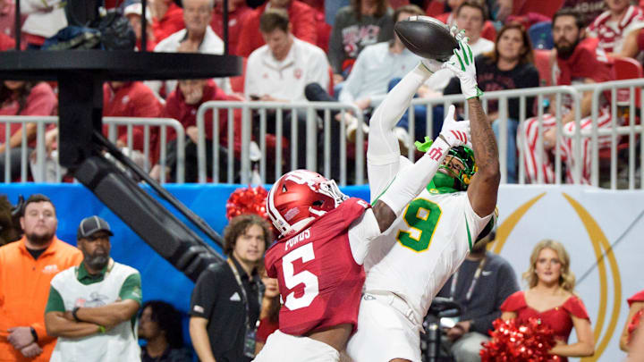 Oregon tight end Jamari Johnson hauls in a two-point conversion as the Oregon Ducks face the Indiana Hoosiers in the Peach Bowl on Jan. 9, 2026, at Mercedes-Benz Stadium in Atlanta, Georgia.