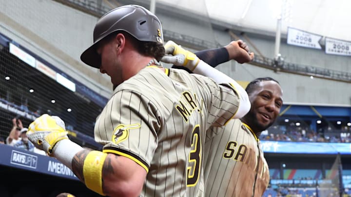 Sep 1, 2024; St. Petersburg, Florida, USA;  San Diego Padres outfielder Jackson Merrill (3) is congratulated by outfielder Jurickson Profar (10)  after he hit a 2-run home run against the Tampa Bay Rays during the fourth inning at Tropicana Field. Mandatory Credit: Kim Klement Neitzel-Imagn Images