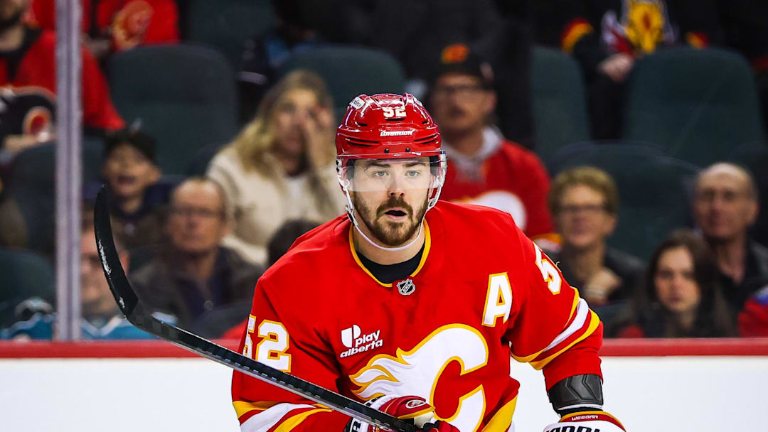 Jan 31, 2026; Calgary, Alberta, CAN; Calgary Flames defenseman MacKenzie Weegar (52) skates against the San Jose Sharks during the second period at Scotiabank Saddledome. Mandatory Credit: Sergei Belski-Imagn Images