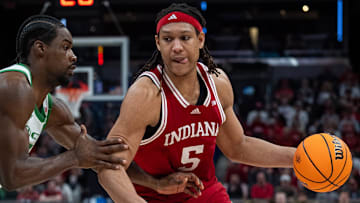 Indiana's Malik Reneau (5) drives against Oregon in the Big Ten Tournament at Gainbridge Fieldhouse in Indianapolis.