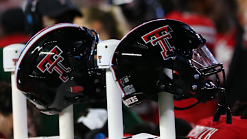 Aug 31, 2024; Lubbock, Texas, USA;  A general view of Texas Tech Red Raiders helmets on the bench in the second half during the game against the Abilene Christian Wildcats at Jones AT&T Stadium and Cody Campbell Field. Mandatory Credit: Michael C. Johnson-Imagn Images