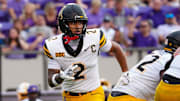 Sep 14, 2024; Greenville, North Carolina, USA;  Appalachian State Mountaineers wide receiver Kaedin Robinson (2) runs in motion on the play against the East Carolina Pirates during the second half at Dowdy-Ficklen Stadium. Mandatory Credit: James Guillory-Imagn Images