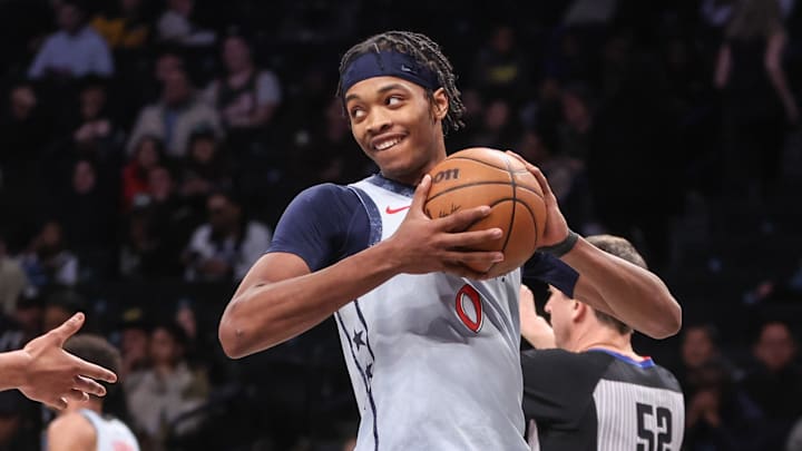 Feb 5, 2025; Brooklyn, New York, USA;  Washington Wizards guard Bilal Coulibaly (0) reacts after recording a triple-double in the fourth quarter against the Brooklyn Nets at Barclays Center. Mandatory Credit: Wendell Cruz-Imagn Images