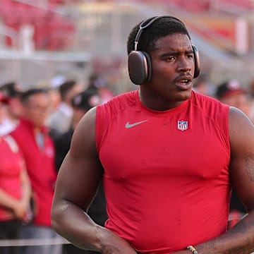 Aug 25, 2023; Santa Clara, California, USA; San Francisco 49ers defensive end Drake Jackson (95) before the game against the Los Angeles Chargers at Levi's Stadium. Mandatory Credit: Sergio Estrada-Imagn Images