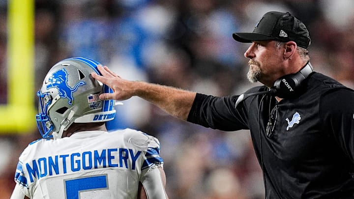 Detroit Lions head coach Dan Campbell celebrates a two point conversion against Washington Commanders scored by running back David Montgomery (5) during the first half at Northwest Stadium in Landover, Md. on Sunday, November 9, 2025.