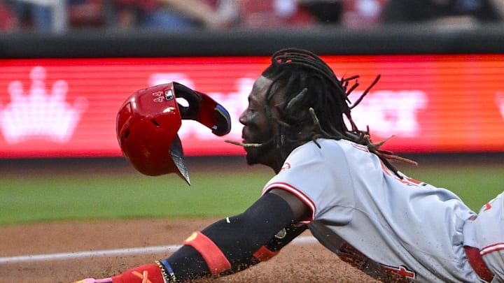 Cincinnati Reds shortstop Elly De La Cruz (44) slides in to third base for a stolen base against the St. Louis Cardinals during the first inning at Busch Stadium on Sept 10.