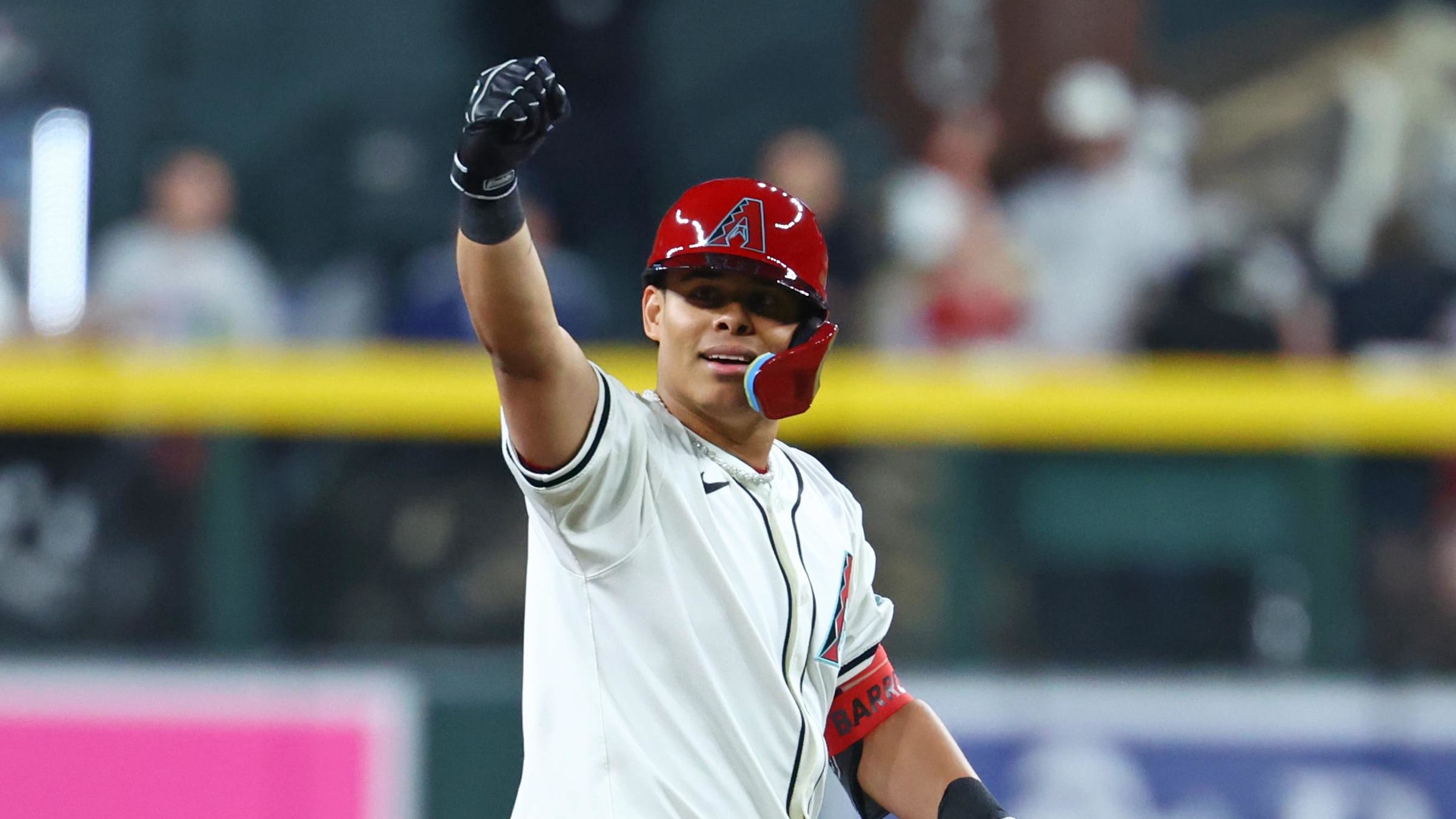 Diamondbacks outfielder Jorge Barrosa celebrates after hitting a double against the New York Yankees.