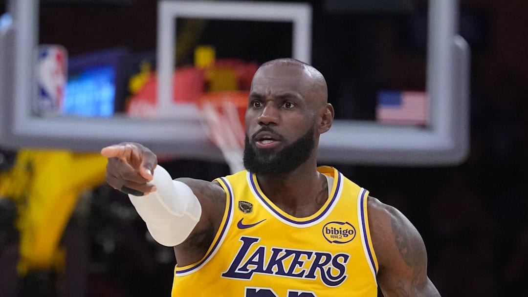 Los Angeles Lakers forward LeBron James (23) gestures against the Houston Rockets in the first half during game one of the first round of the 2026 NBA Playoffs at Crypto.com Arena on Apr 18, 2026.