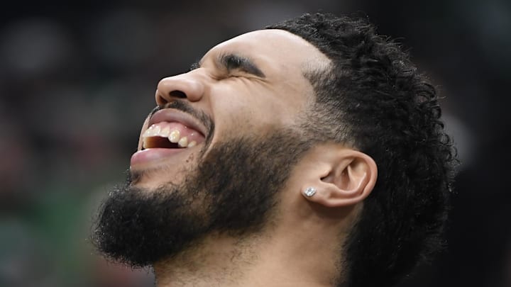 Dec 29, 2022; Boston, Massachusetts, USA; Boston Celtics forward Jayson Tatum (0) has a laugh prior to a game against the LA Clippers at TD Garden. Mandatory Credit: Bob DeChiara-Imagn Images