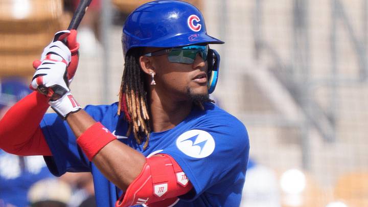 Feb 28, 2026; Phoenix, Arizona, USA; Chicago Cubs designed hitter Kevin Alcantara (13) at bat in the first inning during a spring training game against the Los Angeles Dodgers at Camelback Ranch-Glendale. Mandatory Credit: Allan Henry-Imagn Images