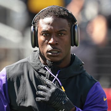 Sep 8, 2024; East Rutherford, New Jersey, USA; Minnesota Vikings wide receiver Jordan Addison (3) warms up before the game against the New York Giants at MetLife Stadium. Mandatory Credit: Vincent Carchietta-Imagn Images