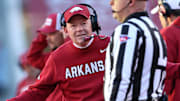 Arkansas Razorbacks interim head coach Bobby Petrino during the third quarter against the Mississippi State Bulldogs at Razorback Stadium.