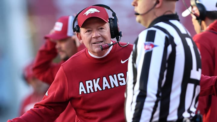 Arkansas Razorbacks interim head coach Bobby Petrino during the third quarter against the Mississippi State Bulldogs at Razorback Stadium. Arkansas Razorbacks interim head coach Bobby Petrino during the third quarter against the Mississippi State Bulldogs at Razorback Stadium.