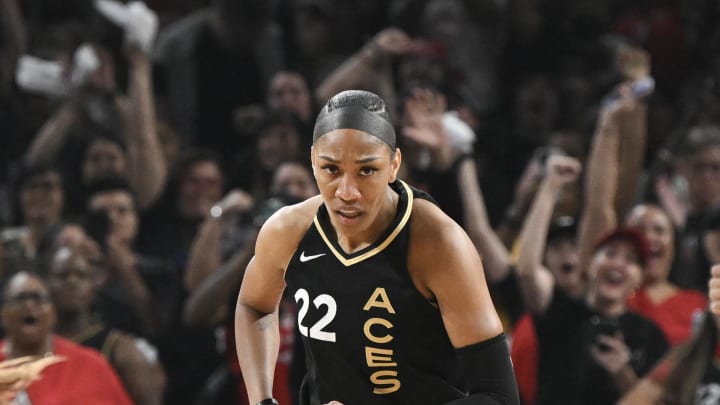 Oct 8, 2023; Las Vegas, Nevada, USA; Las Vegas Aces forward A'ja Wilson (22) runs up the court in the first half of the game against the New York Liberty during game one of the 2023 WNBA Finals at Michelob Ultra Arena. Mandatory Credit: Candice Ward-USA TODAY Sports