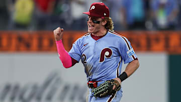 Sep 25, 2025; Philadelphia, Pennsylvania, USA; Philadelphia Phillies outfielder Harrison Bader (2) reacts as he runs off the field after a victory against the Miami Marlins at Citizens Bank Park. Mandatory Credit: Bill Streicher-Imagn Images
