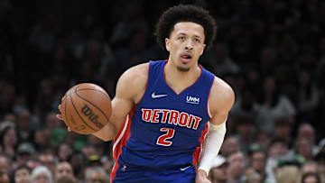 Mar 11, 2022; Boston, Massachusetts, USA;  Detroit Pistons guard Cade Cunningham (2) controls the ball during the first half against the Boston Celtics at TD Garden. Mandatory Credit: Bob DeChiara-Imagn Images