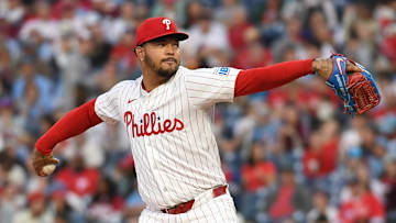 Apr 14, 2025; Philadelphia, Pennsylvania, USA; Philadelphia Phillies pitcher Taijuan Walker (99) throws a pitch during the second inning against the San Francisco Giants at Citizens Bank Park. Mandatory Credit: Eric Hartline-Imagn Images