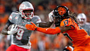 UNLV Rebels running back Jai'Den Thomas (9) stiff arms Oregon State Beavers defensive back Skyler Thomas (17) during an NCAA football game against UNLV at Reser Stadium on Saturday, Oct. 19, 2024, in Corvallis, Ore.
