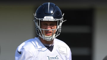 Jul 29, 2023; Nashville, TN, USA; Tennessee Titans wide receiver Kyle Philips (18) works through drills during training camp. Mandatory Credit: Christopher Hanewinckel-USA TODAY Sports