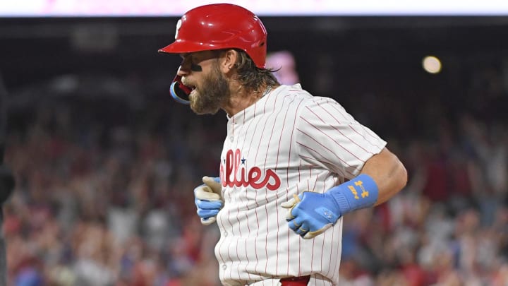 Aug 26, 2024; Philadelphia, Pennsylvania, USA; Philadelphia Phillies first base Bryce Harper (3) celebrates his walk-off single against the Houston Astros during the tenth inning at Citizens Bank Park.