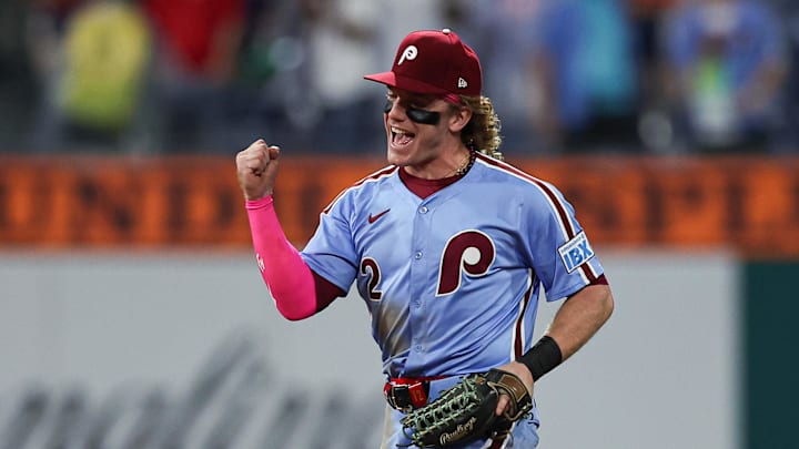 Sep 25, 2025; Philadelphia, Pennsylvania, USA; Philadelphia Phillies outfielder Harrison Bader (2) reacts as he runs off the field after a victory against the Miami Marlins at Citizens Bank Park. Mandatory Credit: Bill Streicher-Imagn Images