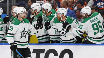 May 29, 2024; Edmonton, Alberta, CAN; The Dallas Stars celebrate a goal by defensemen Esa Lindell (23) during the first period against the Edmonton Oilers in game four of the Western Conference Final of the 2024 Stanley Cup Playoffs at Rogers Place. Mandatory Credit: Perry Nelson-USA TODAY Sports