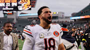 Nov 2, 2025; Cincinnati, Ohio, USA; Chicago Bears quarterback Caleb Williams (18) reacts as he walks off the field after defeating the Cincinnati Bengals in the fourth quarter at Paycor Stadium. 